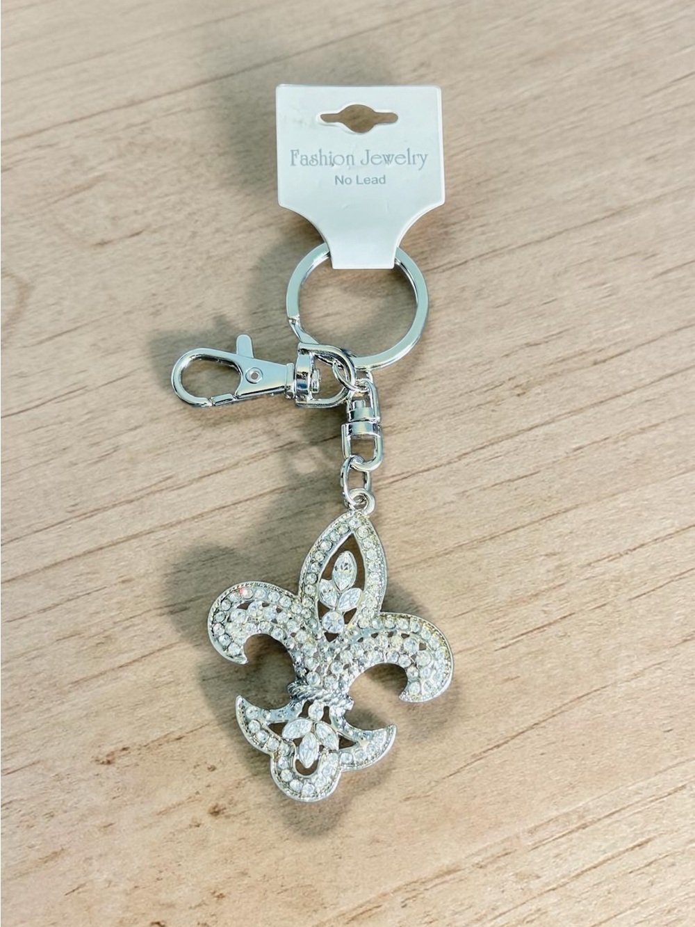 Crystal Rhinestone Fleur-de-Lis Keychain - Silver Tone